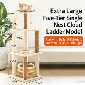 Extra gro&szlig;er 5-st&ouml;ckiger Rattan-Kratzbaum mit Einzelnest, Dachfenster, Sisalpfosten und Glockenspielzeug f&uuml;r Gro&szlig;katzen, 50 kg belastbar