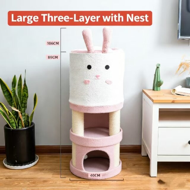 &Aacute;rbol grande para gatos con barril de sisal y conejo bonito de tres capas con nido