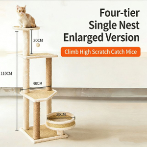 4-st&ouml;ckiger, vergr&ouml;&szlig;erter Katzenbaum mit Rattanmatte, halbgeschlossenem Nest und Sisalpfosten f&uuml;r Zimmerkatzen